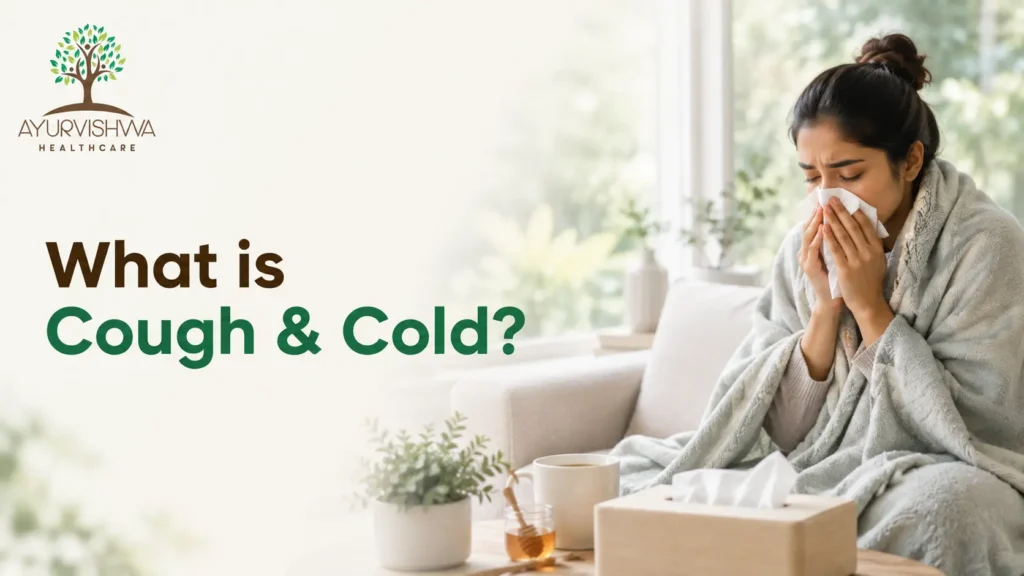 Woman experiencing cough and cold symptoms while resting at home with warm herbal tea, illustrating ayurvedic treatment for cough and cold, ayurvedic medicine for cough and cold, cough and cold treatment in Ayurveda, and natural relief for dry cough.