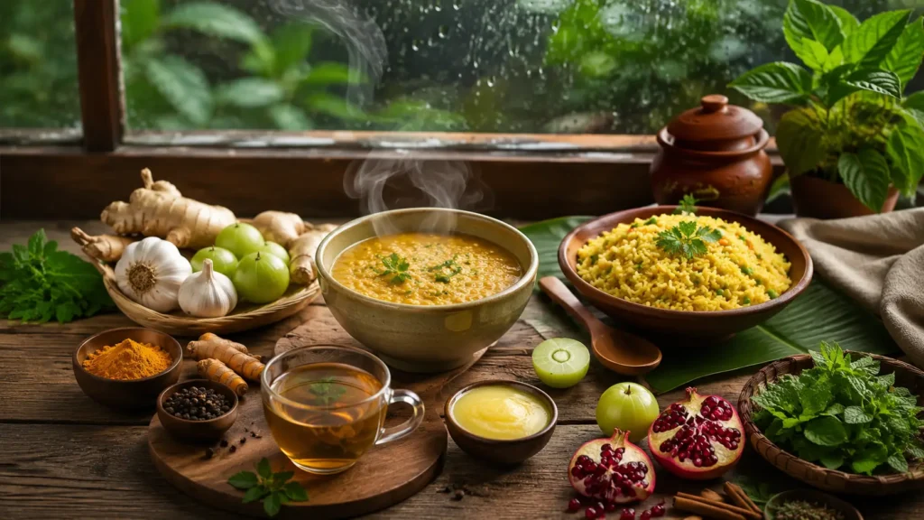 best food for monsoon Seasonal Fruits Herbal Teas Cow's Ghee Turmeric Garlic Moong Dal