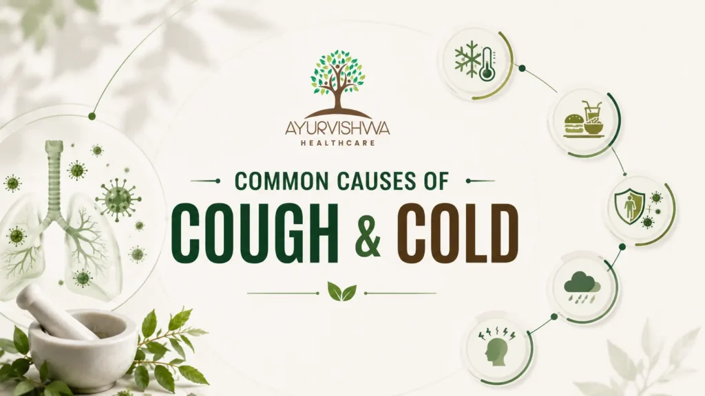 Infographic illustrating the common causes of cough and cold in Ayurveda, including cold weather, unhealthy diet, low immunity, stress, monsoon season, and respiratory infections, supporting awareness of ayurvedic treatment for cough and cold and cough and cold treatment in Ayurveda.