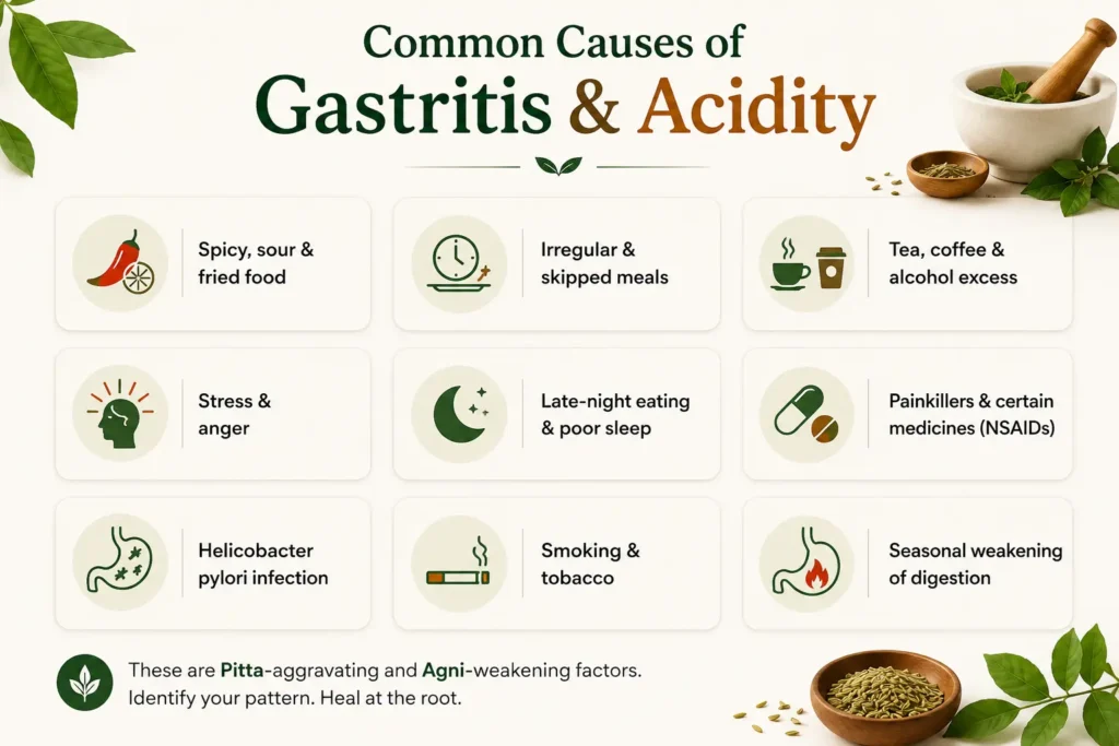 Medical infographic illustrating the common causes of gastritis and acidity, including spicy foods, irregular meals, tea and coffee, stress, late-night eating, painkiller use, Helicobacter pylori infection, smoking, and weakened digestion, highlighting the Ayurvedic root causes of acid reflux, heartburn, and hyperacidity.