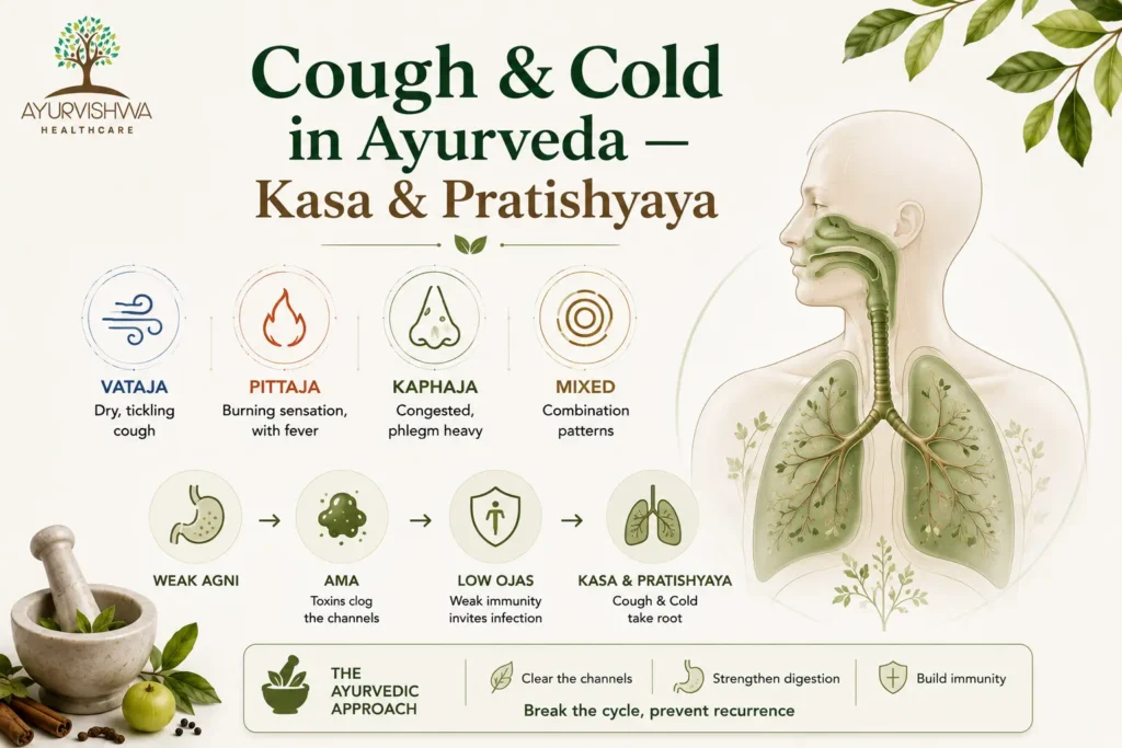 Ayurvedic infographic illustrating Kasa (cough) and Pratishyaya (common cold), showing Vata, Pitta, Kapha, and mixed dosha patterns alongside the respiratory system, weak Agni, Ama accumulation, and low Ojas as the Ayurvedic root causes of recurrent cough and cold.