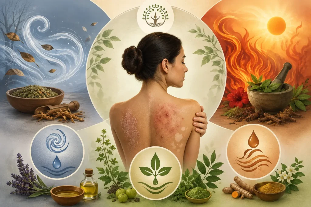 Ayurvedic holistic illustration of skin disorders showing dry, inflamed, and uneven skin conditions with Vata, Pitta, and Kapha influences and medicinal herbs.