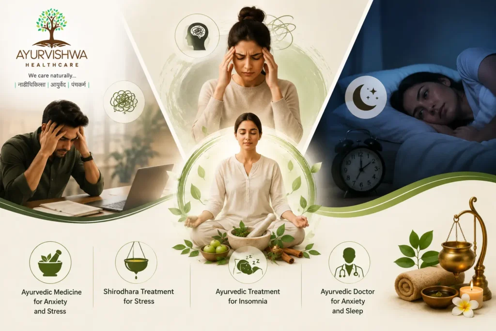 Ayurvedic treatment for anxiety and insomnia showing stress, racing thoughts, sleeplessness and calming Ayurvedic care, including ayurvedic medicine for anxiety and stress, Shirodhara treatment for stress and support from an ayurvedic doctor for anxiety and sleep