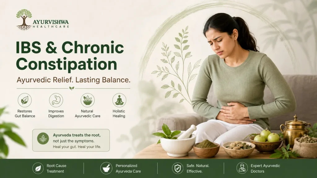 Ayurvedic treatment for IBS and chronic constipation showing a woman with abdominal discomfort, Ayurvedic herbs and medicines, representing personalised IBS treatment in Ayurveda and natural digestive care by an Ayurvedic doctor for IBS.