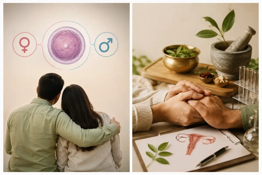 Couple exploring Ayurvedic treatment for infertility with holistic support for reproductive health and fertility