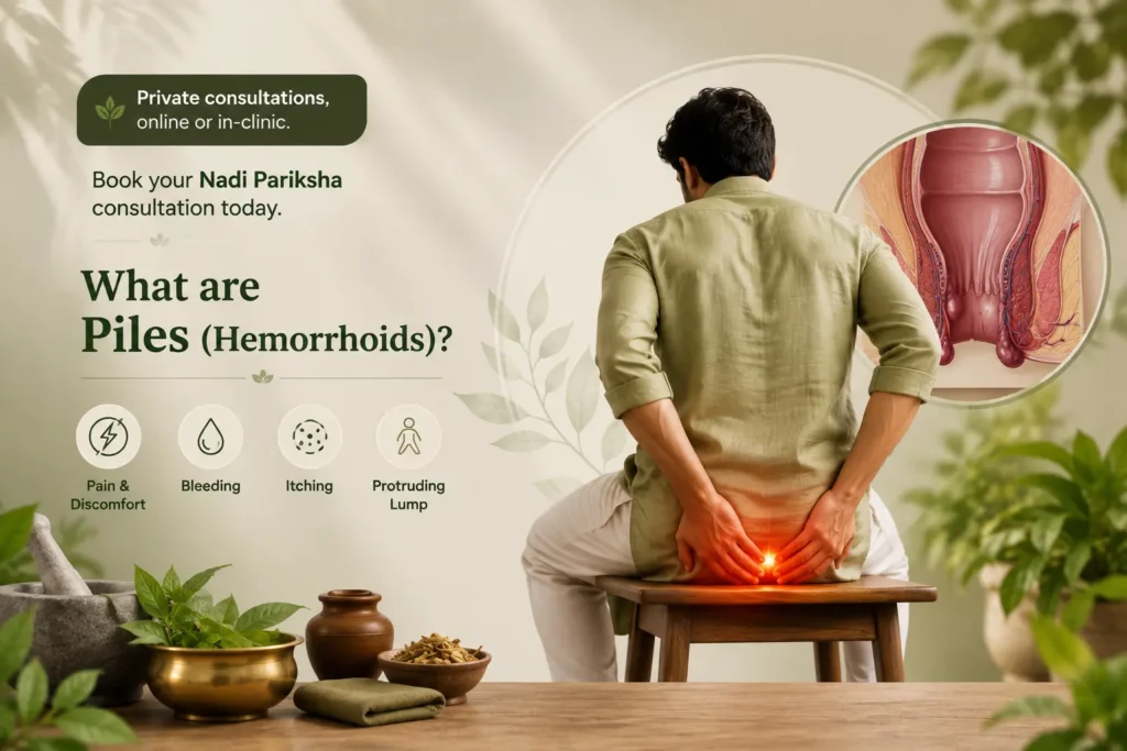 Medical wellness illustration showing a person experiencing piles or hemorrhoid discomfort, with a clear anatomical visualization of hemorrhoids, supporting content about ayurvedic treatment for piles, ayurvedic medicine for piles, piles treatment in Ayurveda, piles treatment without surgery, and consultation with an ayurvedic doctor for piles.