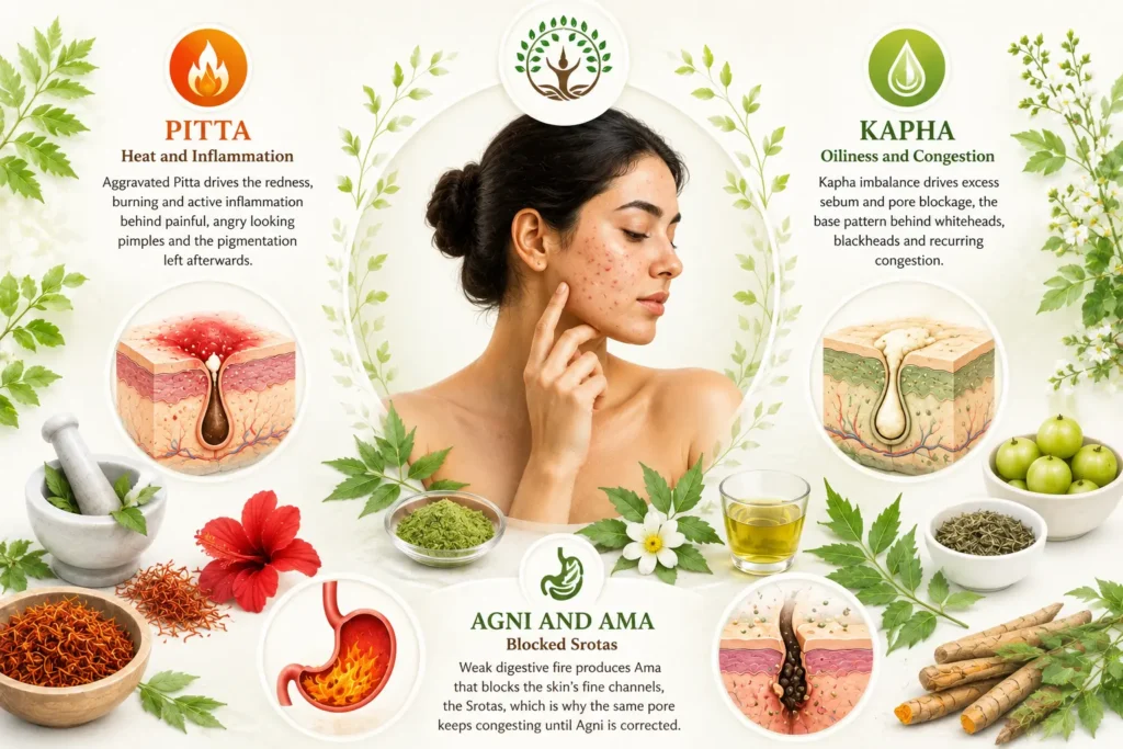 Ayurvedic illustration explaining acne through Pitta inflammation, Kapha oiliness and congestion, and weakened Agni with Ama blocking skin channels.