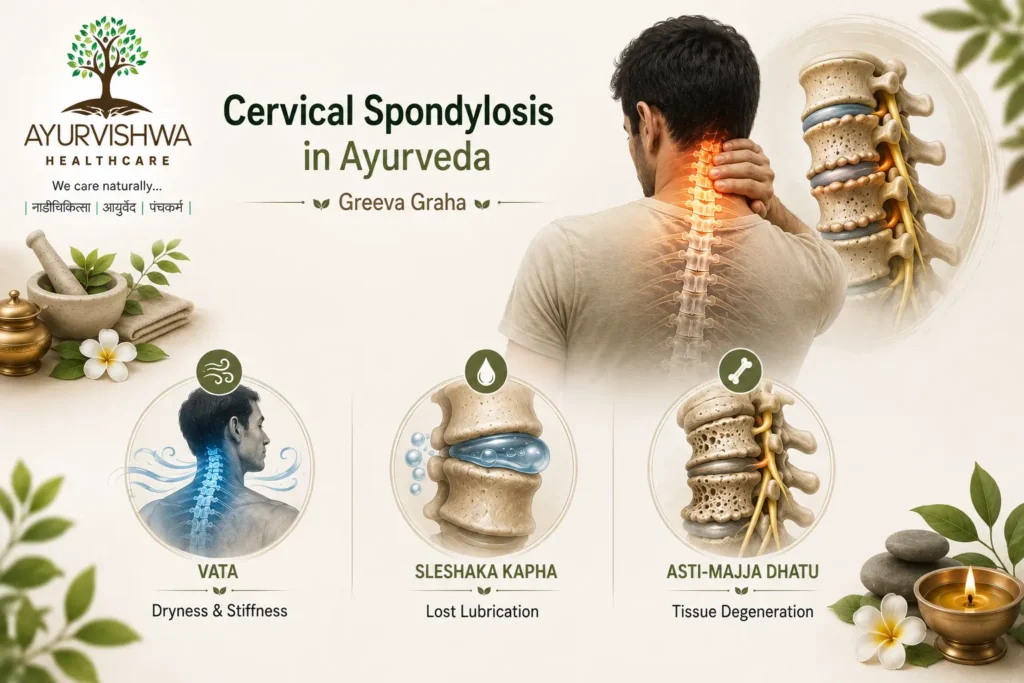 Medical and Ayurvedic illustration of Greeva Graha representing cervical spondylosis, showing Vata-related neck stiffness and pain, reduced Sleshaka Kapha joint lubrication, and Asti-Majja tissue degeneration affecting the cervical spine.