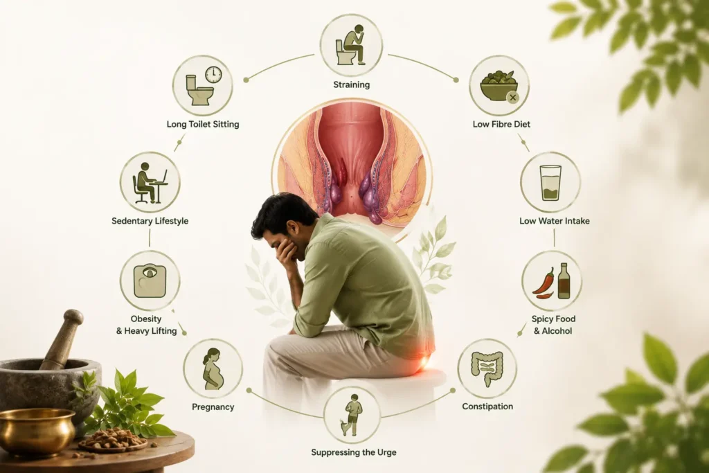 Minimal medical infographic illustrating common causes of piles, including chronic constipation and straining, low-fibre diet, dehydration, prolonged toilet sitting, sedentary lifestyle, excess weight, heavy lifting, pregnancy and bowel habit issues, supporting content about ayurvedic treatment for piles and piles treatment in Ayurveda.