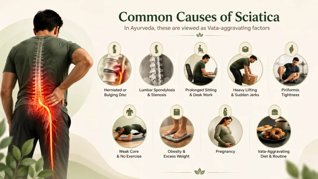 Medical infographic illustrating common causes of sciatica, including herniated or bulging disc, lumbar spondylosis and stenosis, prolonged sitting, heavy lifting, piriformis tightness, weak core muscles, obesity, pregnancy, and Vata-aggravating lifestyle factors, with the sciatic nerve pathway highlighted from the lower back down the leg.