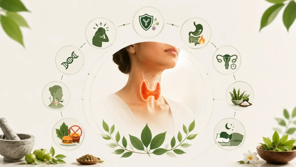 Medical wellness illustration showing the thyroid gland highlighted in the neck, surrounded by visual icons representing common causes and risk factors of thyroid disorders, including autoimmune conditions, chronic stress, poor digestion, hormonal changes, genetics, iodine imbalance, poor sleep and lifestyle factors.