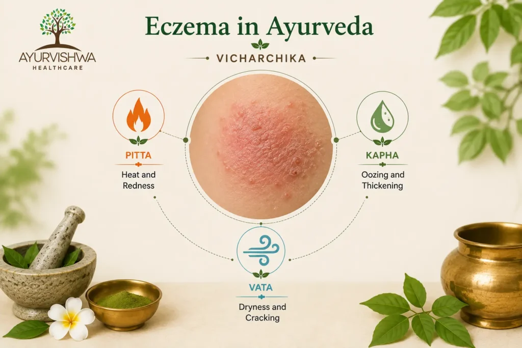 Ayurvishwa Healthcare Ayurvedic illustration of Vicharchika (eczema), showing Pitta-related heat and redness, Kapha-related oozing and thickening, and Vata-related dryness and cracking.
