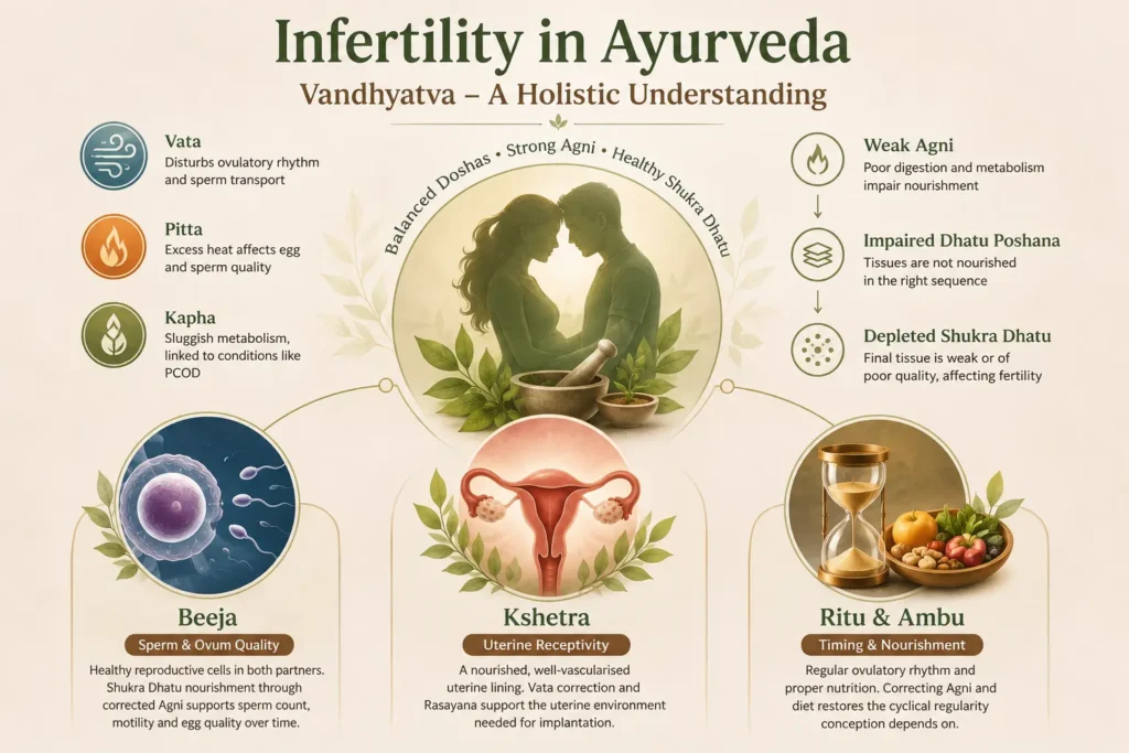 Infertility in Ayurveda explained through Vandhyatva, Agni, dosha balance, Shukra Dhatu, sperm and ovum quality, uterine receptivity, and reproductive timing