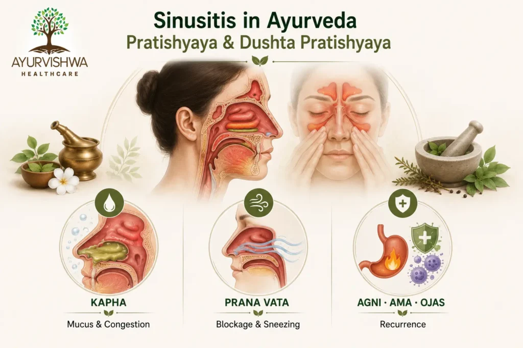 Medical and Ayurvedic illustration of Pratishyaya and chronic Dushta Pratishyaya, showing Kapha-related mucus and sinus congestion, disturbed Prana Vata affecting nasal airflow and sneezing, and the Ayurvedic concepts of Agni, Ama and Ojas associated with recurrent sinus symptoms.