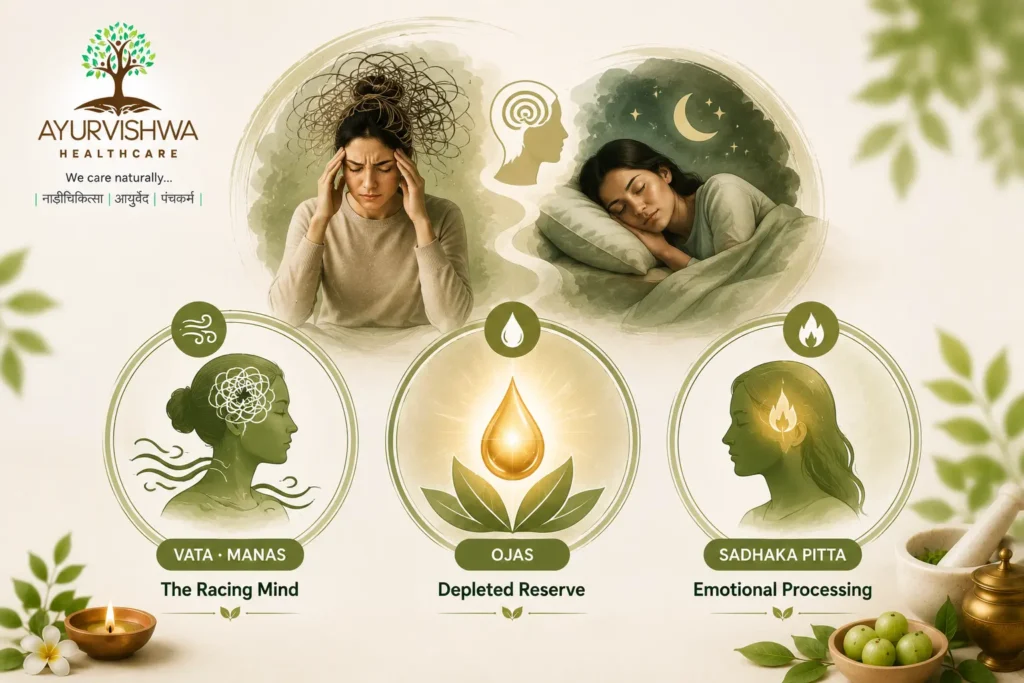Minimal Ayurvedic illustration representing Chittodvega and Anidra through a racing mind, disturbed Vata-Manas, depleted Ojas, emotional imbalance and sleep disturbance, supporting ayurvedic treatment for anxiety and ayurvedic treatment for insomnia.
