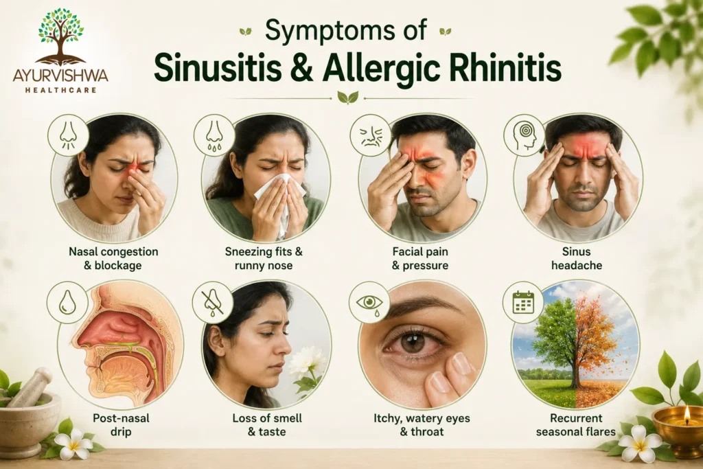Medical illustration showing common symptoms of sinusitis and allergic rhinitis, including nasal congestion, sneezing, runny nose, facial pain and pressure, sinus headache, post-nasal drip, reduced smell and taste, itchy watery eyes, and recurrent seasonal allergy flare-ups.