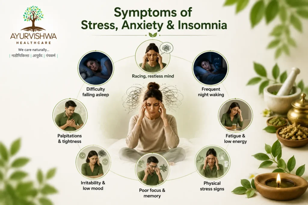 Symptoms of stress, anxiety and insomnia including racing thoughts, difficulty falling asleep, frequent night waking, palpitations, fatigue, irritability, poor focus and physical stress signs, supporting ayurvedic treatment for anxiety, ayurvedic treatment for insomnia, ayurvedic medicine for anxiety and stress, Shirodhara treatment for stress and care from an ayurvedic doctor for anxiety and sleep.