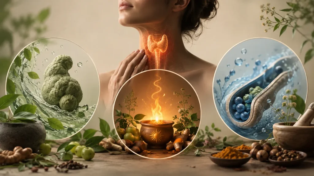 Ayurvedic thyroid wellness illustration showing a woman’s neck with a glowing thyroid, digestive fire, herbs, and symbolic imagery of metabolism, fluid balance and body channels.