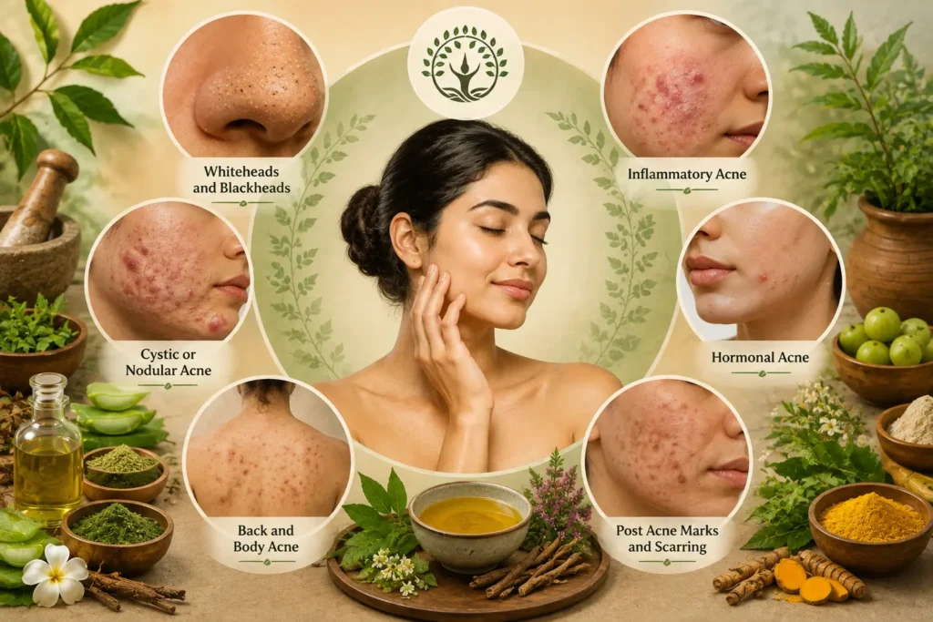 Ayurvedic skincare illustration showing different types of acne, including whiteheads, blackheads, inflammatory, cystic, hormonal, back and body acne, and post-acne marks and scarring.
