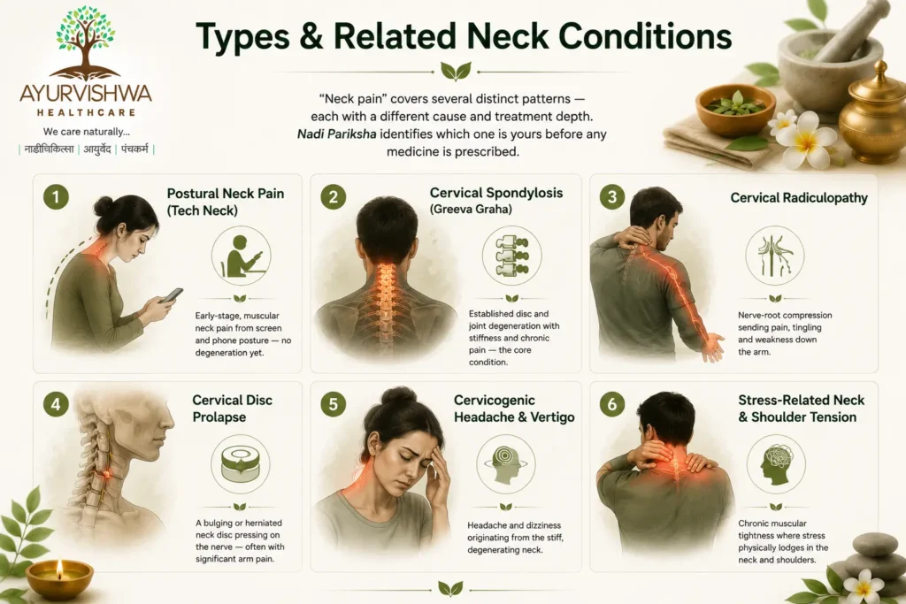 Medical illustration showing common neck conditions including postural tech neck, cervical spondylosis, cervical radiculopathy, cervical disc prolapse, cervicogenic headache with dizziness, and stress-related neck and shoulder tension, with visual representations of neck pain, stiffness, nerve compression and radiating arm symptoms.