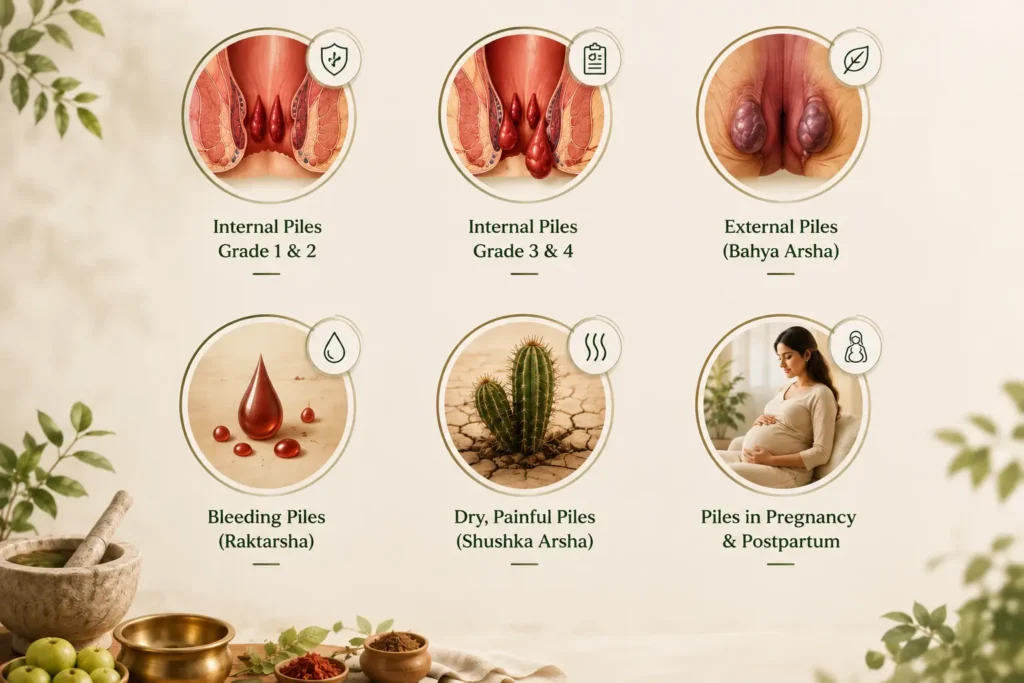Medical infographic illustrating different types of piles, including internal piles Grade 1 and 2, advanced internal piles Grade 3 and 4, external piles, bleeding piles, dry painful piles, and piles during pregnancy and postpartum, supporting content about ayurvedic treatment for piles and piles treatment in Ayurveda.