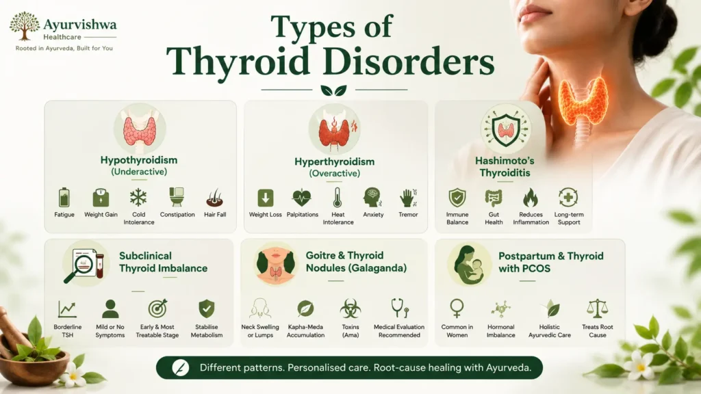 Infographic showing the main types of thyroid disorders, including hypothyroidism, hyperthyroidism, Hashimoto’s thyroiditis, subclinical thyroid imbalance, goitre and thyroid nodules, and postpartum thyroid issues with PCOS, with thyroid-focused medical illustrations and symptom icons.