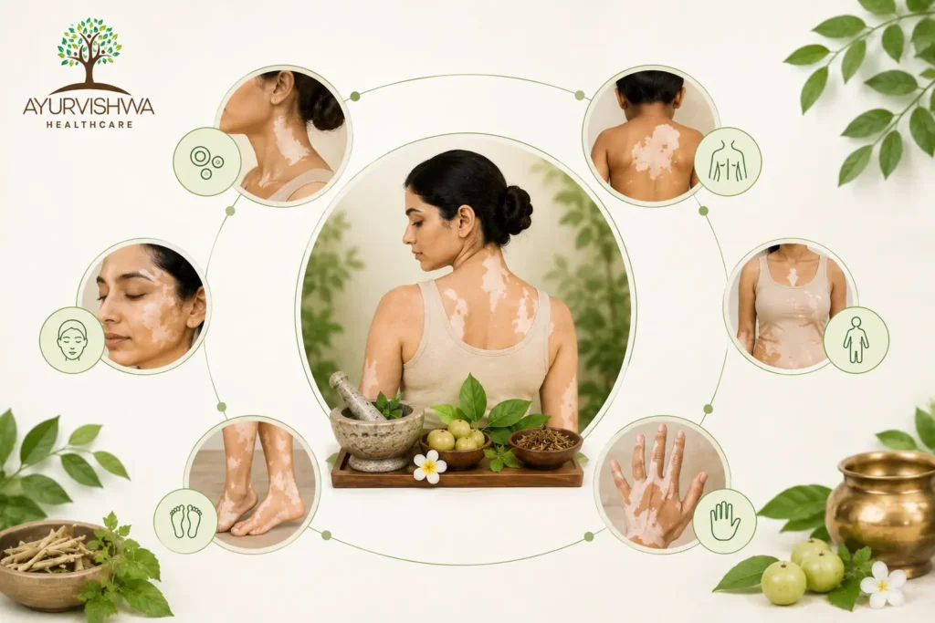Ayurvishwa Healthcare illustration showing different vitiligo patterns, including localised, segmental, generalised, acrofacial, widespread, and autoimmune-associated vitiligo.