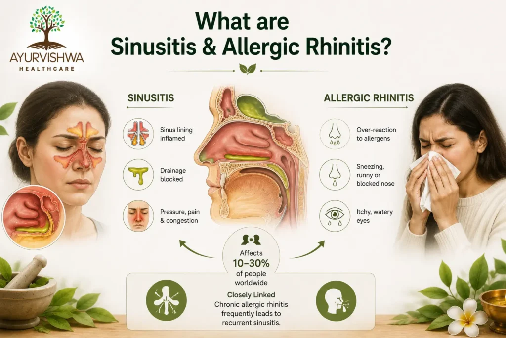 Medical illustration comparing sinusitis and allergic rhinitis, showing inflamed sinus lining, blocked mucus drainage, facial pressure and congestion alongside allergen-related sneezing, runny or blocked nose, and itchy, watery eyes.