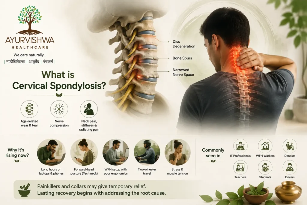 Medical illustration of cervical spondylosis showing age-related degeneration of the cervical spine, including disc wear, bone spurs and nerve-space narrowing, with common symptoms such as neck pain, stiffness and radiating pain, tingling or weakness affecting the shoulders and arms.