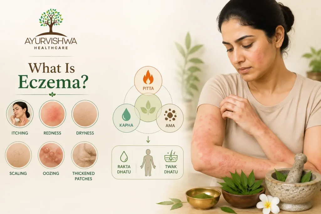 Ayurvishwa Healthcare Ayurvedic illustration of eczema showing itching, redness, dryness, scaling, oozing and thickened skin, with Pitta, Kapha, Ama, Rakta Dhatu and Twak Dhatu influences.