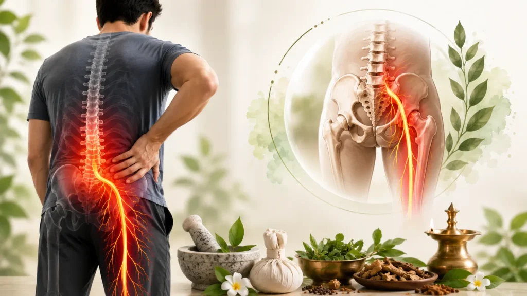 Medical wellness illustration showing sciatic nerve pain radiating from the lower back through the buttock and down the leg, with highlighted lumbar spine and nerve pathway, supporting content about ayurvedic treatment for sciatica, sciatica treatment in Ayurveda, ayurvedic medicine for sciatica, and sciatica pain treatment in Ayurveda.