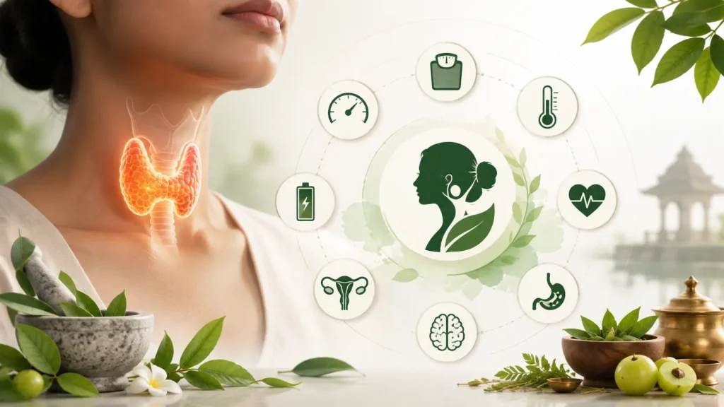Illustration of a woman’s neck with the butterfly-shaped thyroid gland highlighted, alongside icons representing metabolism, energy, weight, body temperature, heart health, digestion, brain function and reproductive health.
