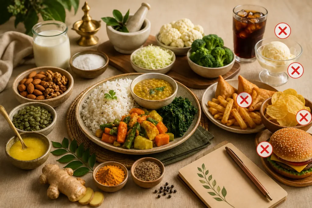 Ayurvedic thyroid wellness diet with warm cooked meals, spices, nuts, seeds, ghee, and foods to reduce or avoid