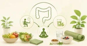 Ayurvedic digestive wellness with healthy foods, hydration, yoga and balanced lifestyle practices
