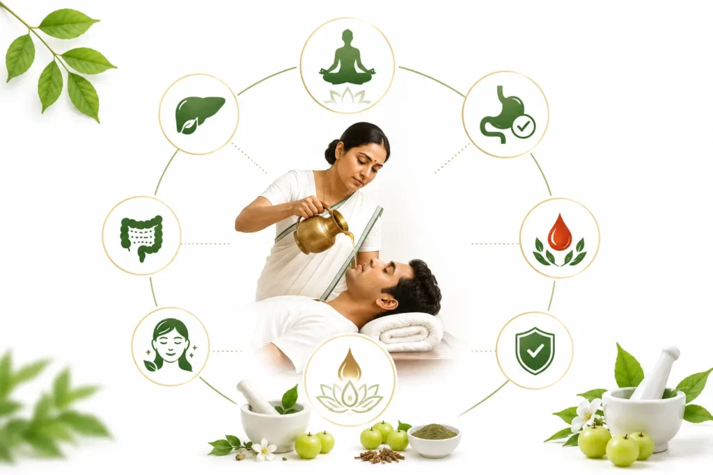Ayurvedic Virechana Panchakarma therapy showing supervised treatment, Pitta balance, traditional herbs, and holistic wellness on a clean white background.
