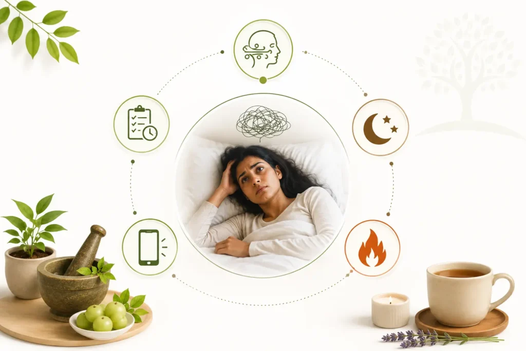 Ayurvedic wellness illustration showing a restless mind at night, with calming natural elements representing Vata balance and better sleep.