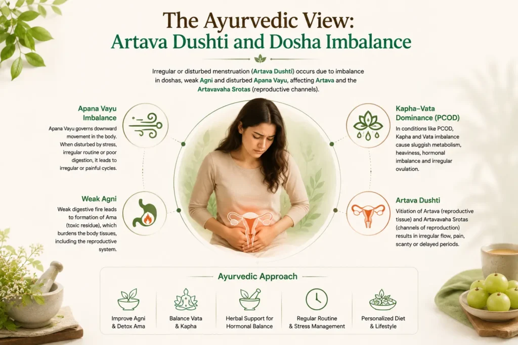 Ayurvedic illustration showing Artava Dushti, Apana Vayu and Vata-Kapha imbalance associated with menstrual irregularity and PCOD.
