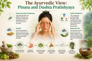 Ayurvedic illustration explaining Pinasa and Dushta Pratishyaya with Kapha and Vata imbalance, nasal congestion, Agni, and monsoon-related sinus triggers.