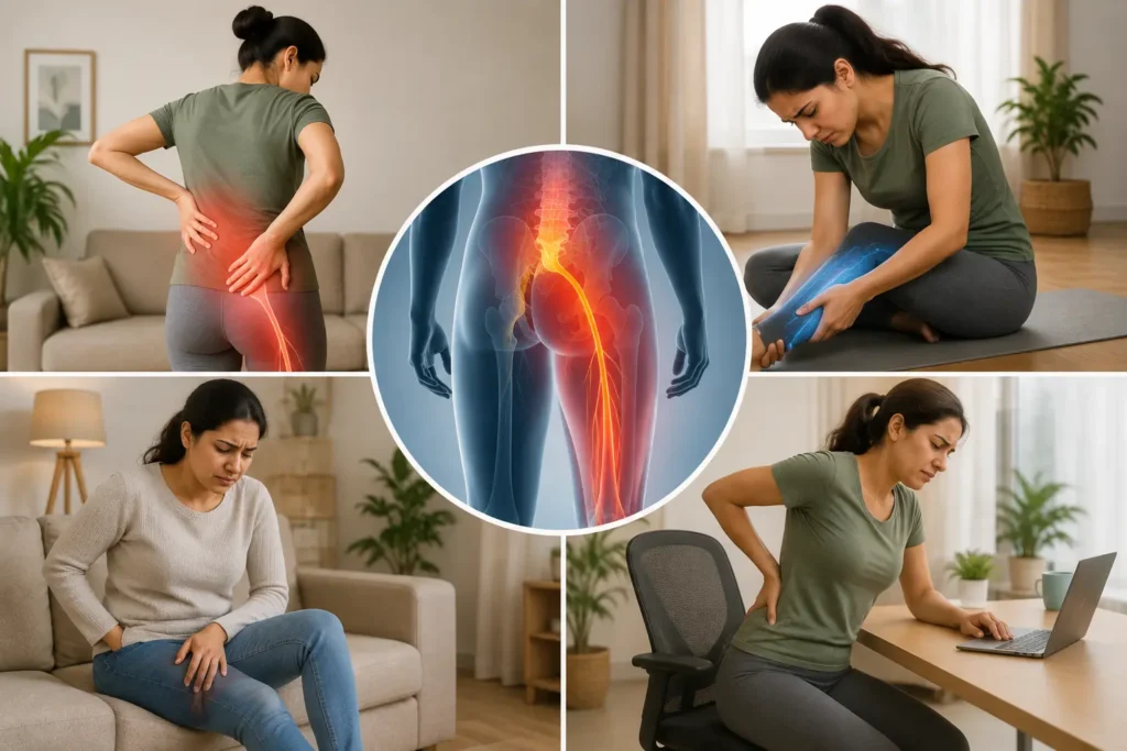 Common sciatica symptoms showing lower back pain, leg pain, tingling, numbness and weakness