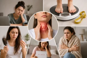 Common thyroid imbalance symptoms including fatigue, weight changes, hair fall, skin and mood changes, and irregular periods