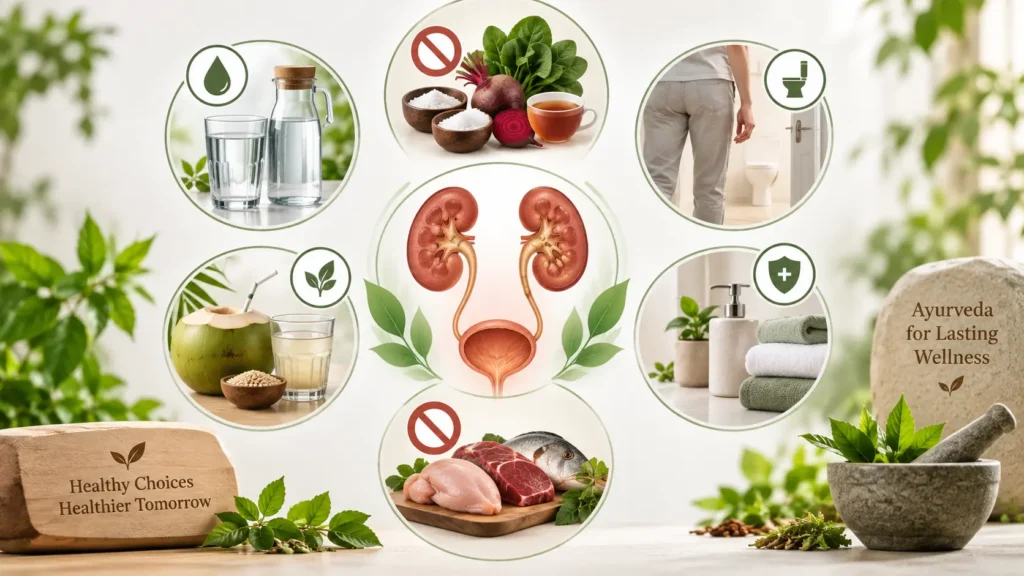 Diet and lifestyle for urinary health including adequate water intake, reduced salt and oxalate-rich foods, timely urination, coconut water, barley water and healthy habits