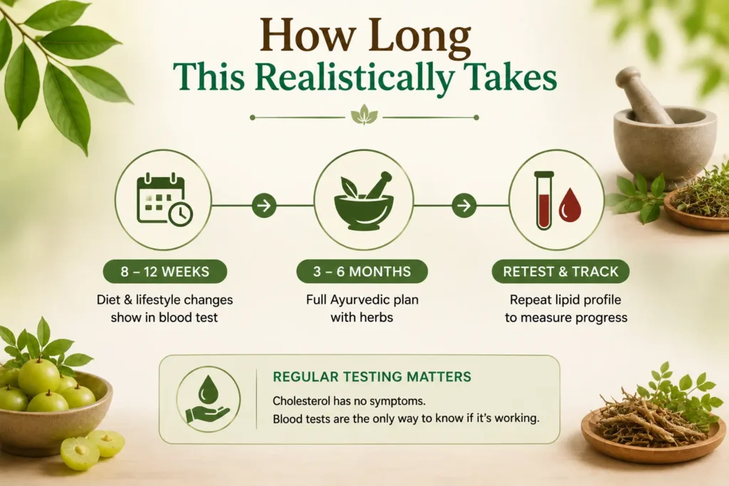 Ayurvedic cholesterol wellness timeline showing 8–12 weeks for diet and lifestyle changes, 3–6 months for a full plan, and repeat lipid testing to track progress.