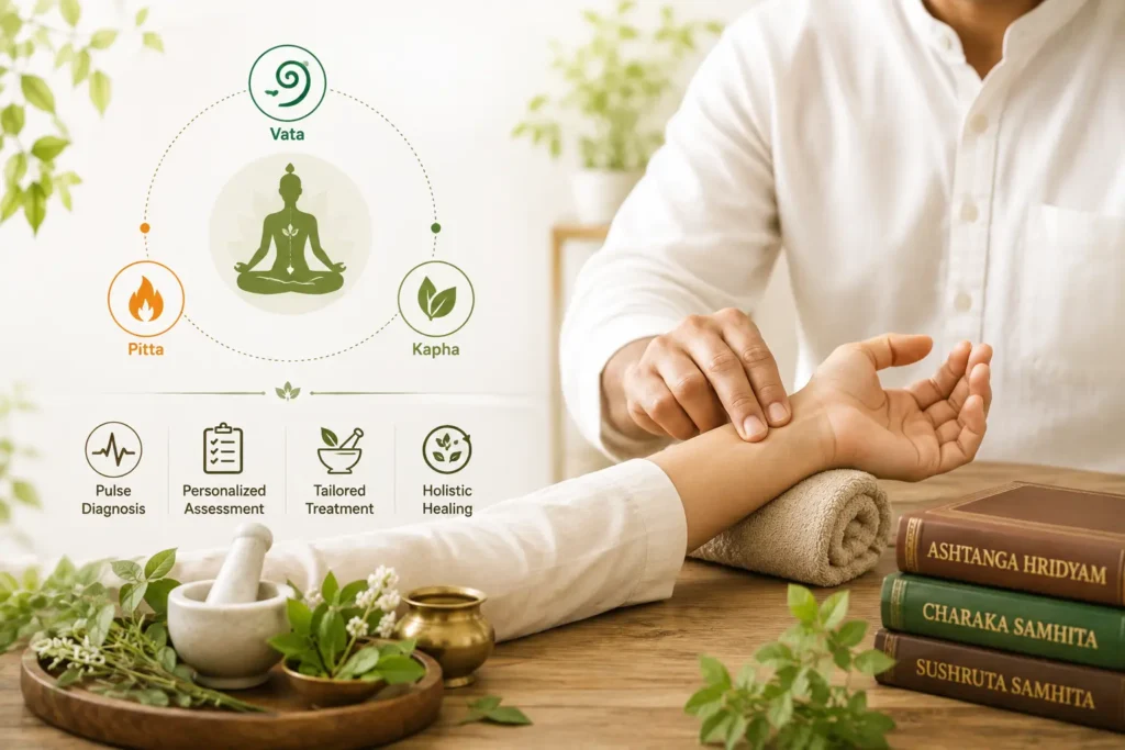 Ayurvedic Nadi Pariksha consultation assessing Vata, Pitta and Kapha for personalised treatment.