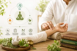 Ayurvedic Nadi Pariksha consultation assessing Vata, Pitta and Kapha for personalised treatment.