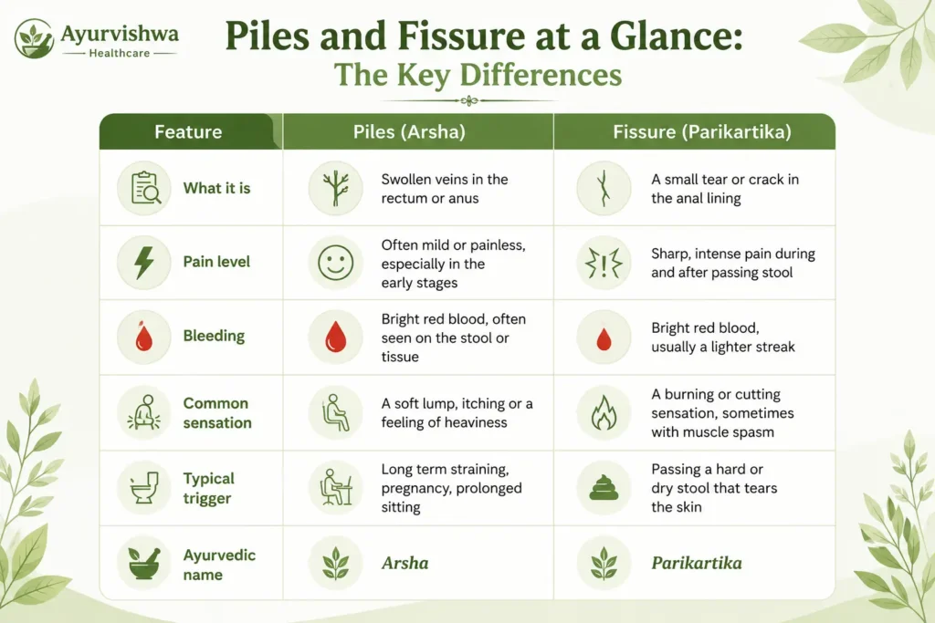 Piles (Arsha) and fissure (Parikartika) comparison showing key differences in pain, bleeding, symptoms and common triggers.