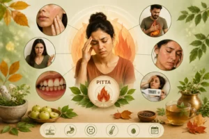 Ayurvedic illustration showing common signs of aggravated Pitta, including skin flare-ups, acidity, irritability, excess body heat, minor bleeding and seasonal fever.