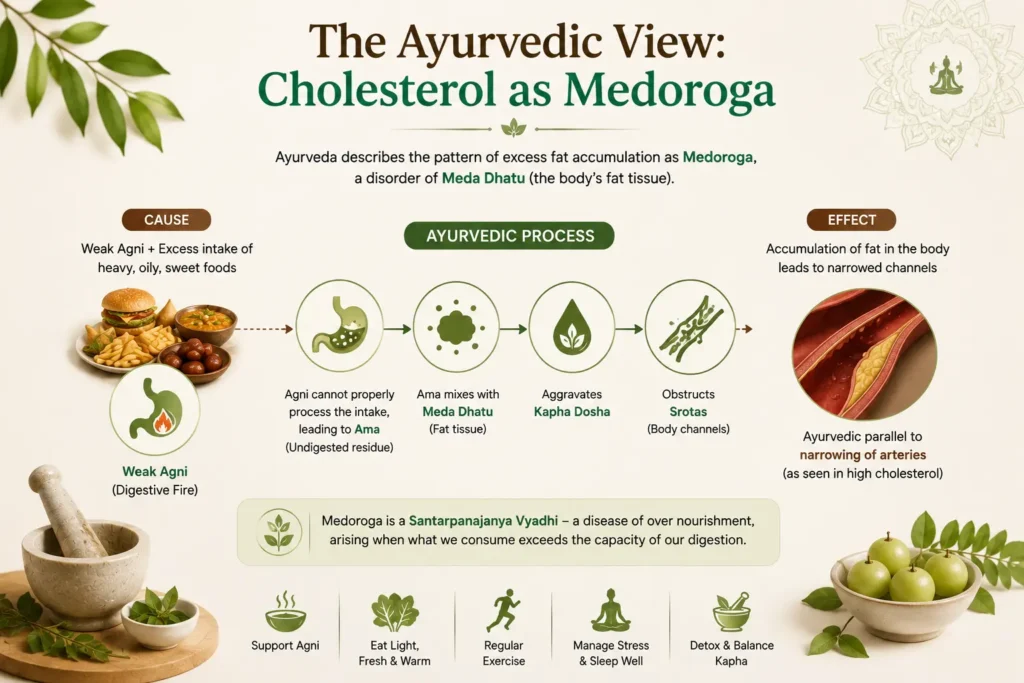 Ayurvedic illustration explaining Medoroga, weak Agni, excess fat accumulation, Kapha imbalance and obstructed body channels associated with cholesterol.