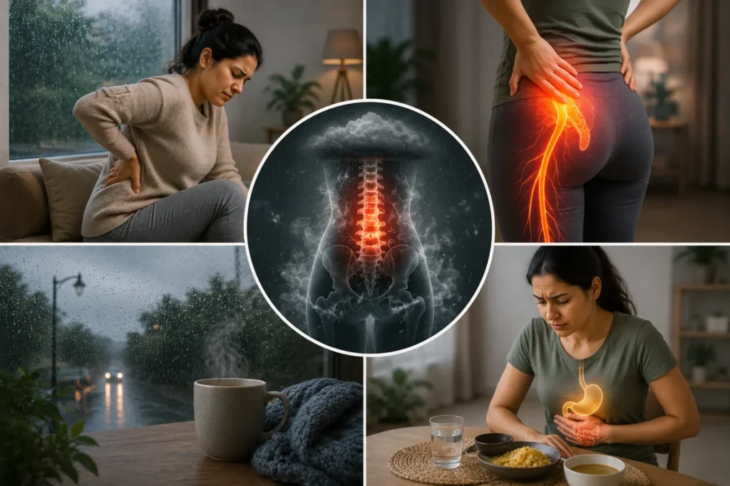 Sciatica flare-up during rainy season showing lower back pain, sciatic nerve irritation and digestive discomfort