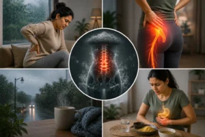 Sciatica flare-up during rainy season showing lower back pain, sciatic nerve irritation and digestive discomfort