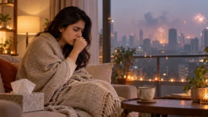 Indian woman experiencing a persistent cough indoors during Diwali as firecrackers and smoke fill the city skyline, highlighting the effects of air pollution on respiratory health.